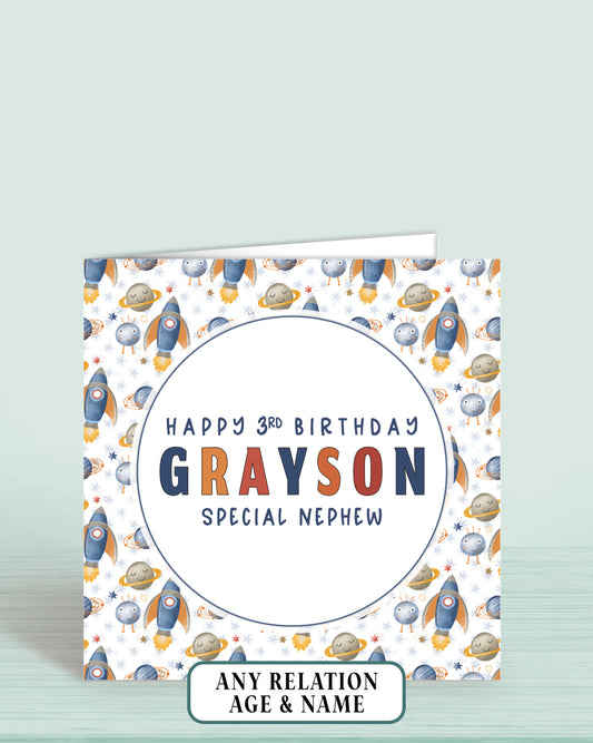 Nephew Birthday Card, Personalised 3rd Birthday Card for Great-Nephew, Space Rocket Personalised Birthday Card for Boys or Girls, Any Age, Any Relation, Add a Name | Oliver Rose Designs