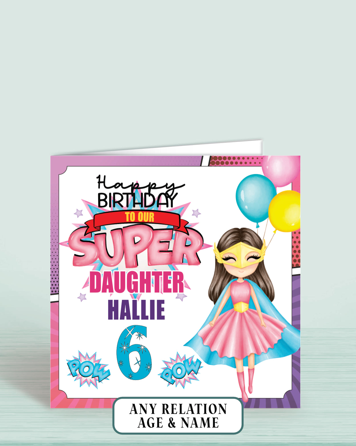 Daughter Birthday Card, 6th Birthday Card for Daughter, Super Hero Girls Birthday Card with Brown Hair | Oliver Rose Designs