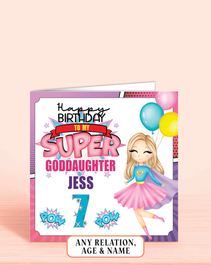 Goddaughter Birthday Card, 7th Birthday Card for Godchild, Super Hero Girls Birthday Card with Blonde Hair | Oliver Rose Designs