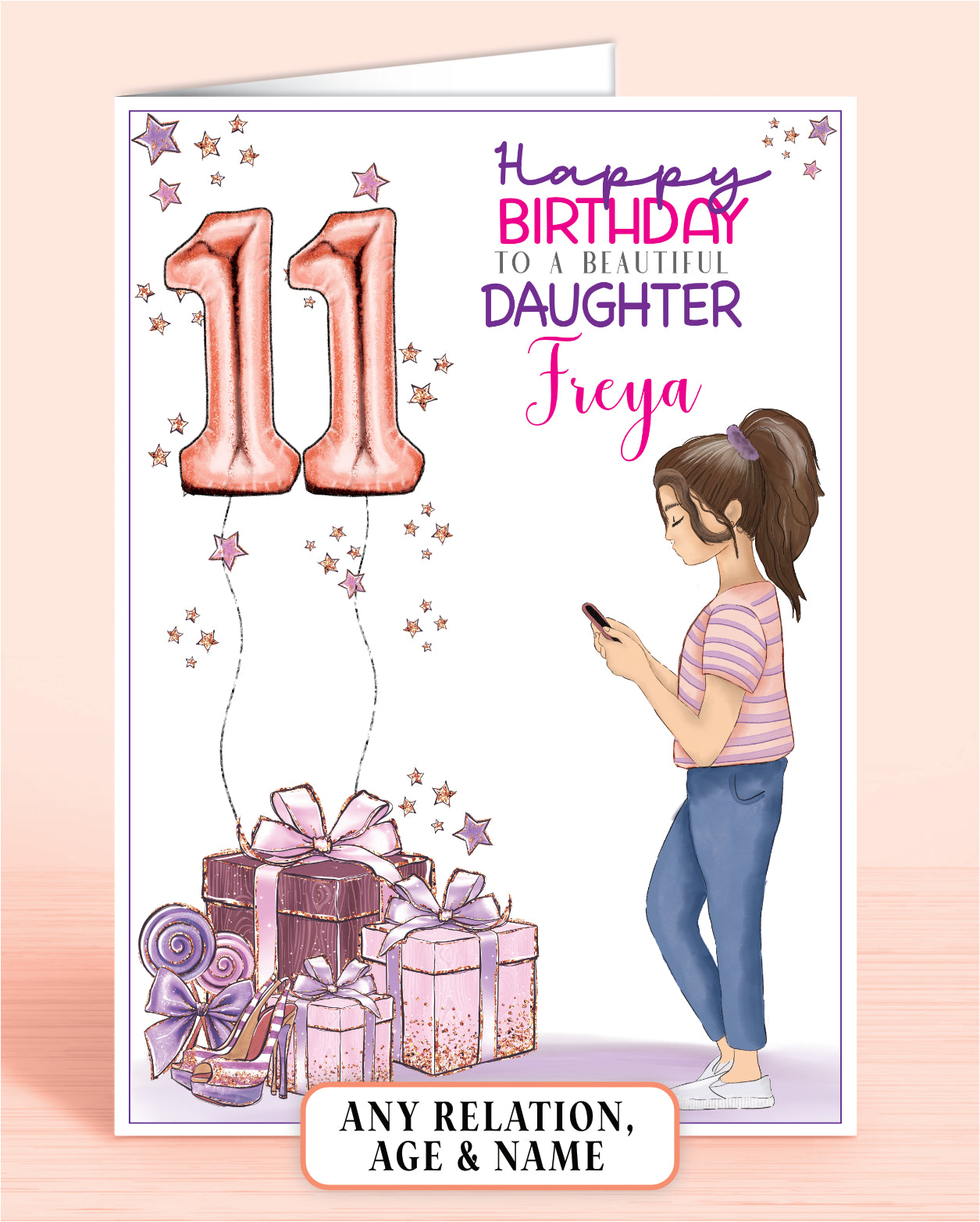 Daughter Birthday Card for Daughter, Personalised 11th Birthday Card with BROWN HAIR, Teenage Girl on Phone in Pink & Purple | Oliver Rose Designs