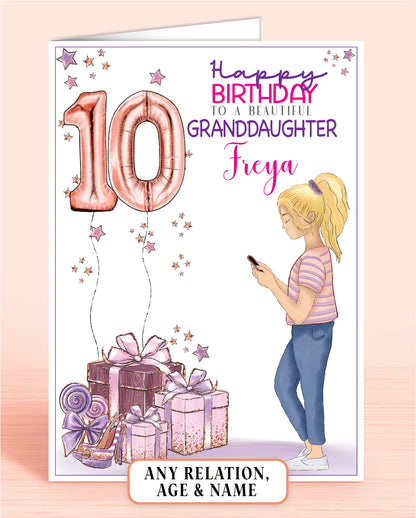 Granddaughter Birthday Card for Granddaughter, Personalised10th Birthday Card with BLONDE HAIR, Teenage Girl on Phone in Pink & Purple | Oliver Rose Designs