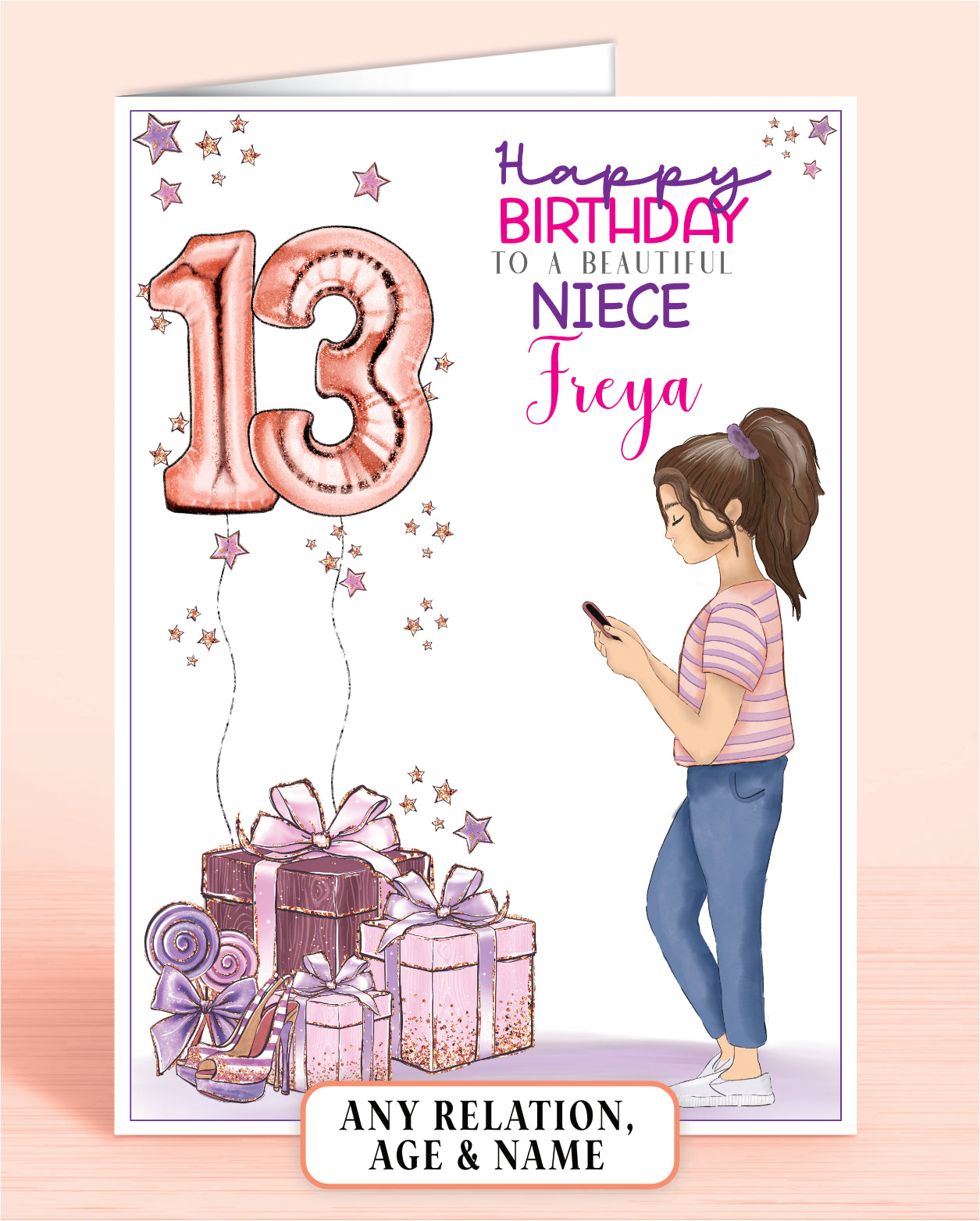 Niece Birthday Card for Niece or Great-Niece, Personalised 13th Birthday Card with BROWN HAIR, Teenage Girl on Phone in Pink & Purple | Oliver Rose Designs