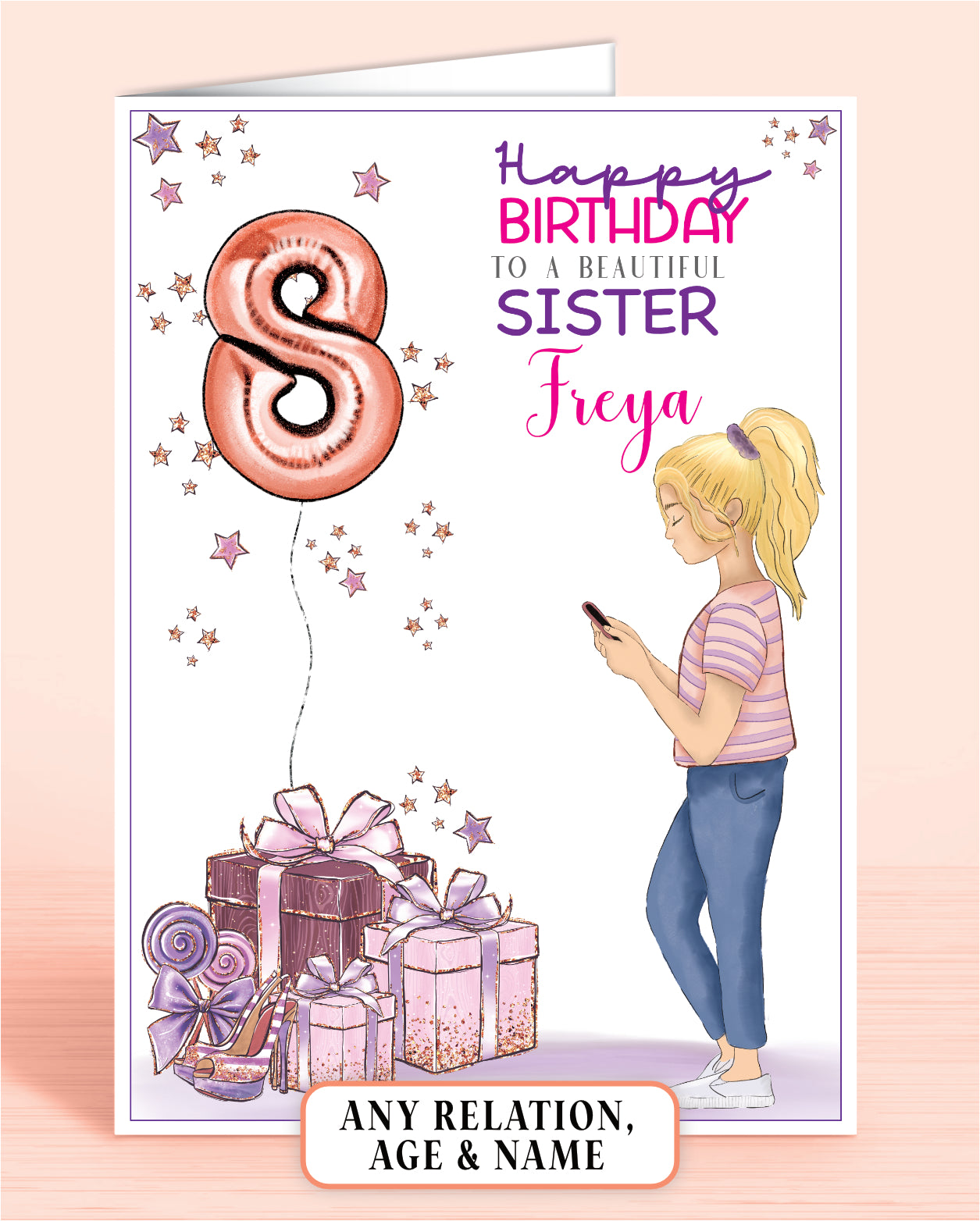 Sister Birthday Card for Sister, Personalised 8th Birthday Card with BROWN HAIR, Teenage Girl on Phone in Pink & Purple | Oliver Rose Designs