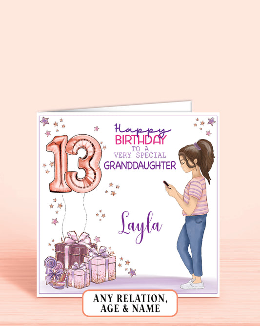 13th birthday card, BROWN HAIR, teenager birthday card,  pink and purple card for someone special, daughter, granddaughter, niece, cousin, sister