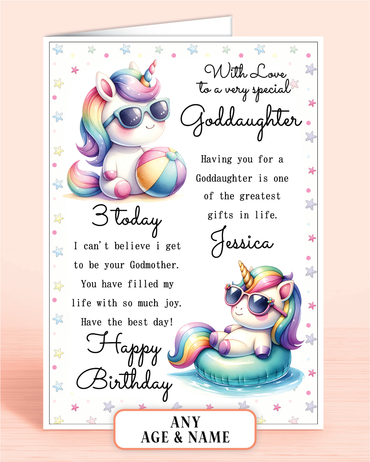 Goddaughter Birthday Card from Godmother (or any other relation), 3rd Birthday Card (or any other age), Cute Beach Unicorns Design. Personalised with Childs Name if required | Oliver Rose Designs