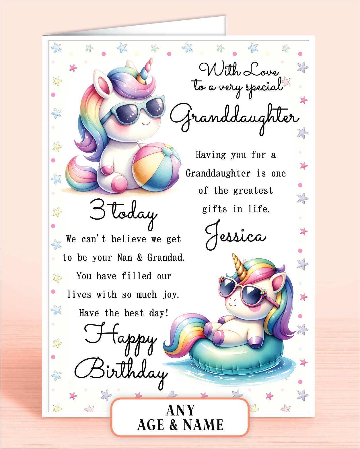 Granddaughter Birthday Card from Nan & Grandad (or any other relation), 3rd Birthday Card (or any other age), Cute Beach Unicorns Design. Personalised with Childs Name if required | Oliver Rose Designs