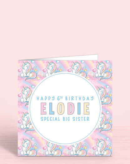 Big Sister Birthday Card, 6th Birthday Card for Little Sister, Custom Girls Pink Unicorn Personalised Birthday Card for Girls, Any Age, Any Relation & Add a Name | Oliver Rose Designs