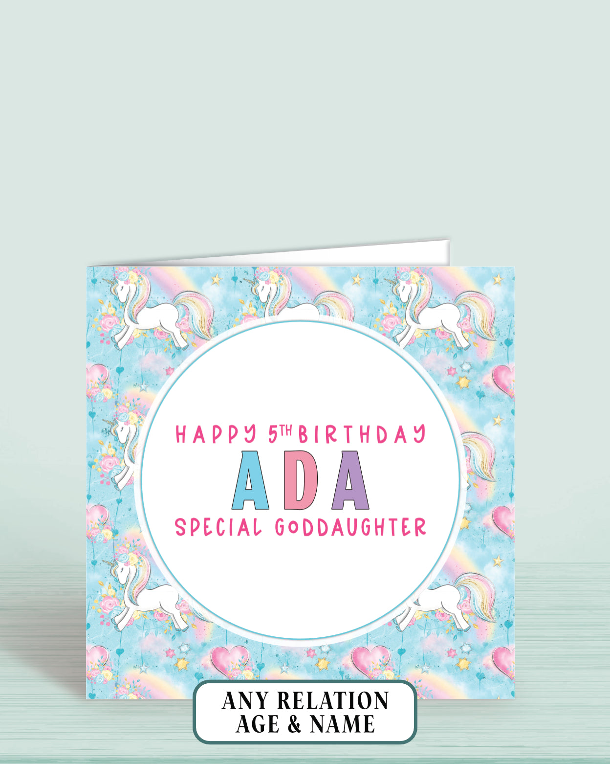 Goddaughter Birthday Card, 5th Birthday Card for Godchild, Custom Blue Unicorn Personalised Birthday Card for Girls, Any Age, Any Relation & Add a Name | Oliver Rose Designs