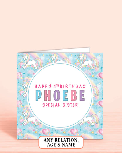 Sister Birthday Card, 4th Birthday Card for Little or Big Sister, Custom Blue Unicorn Personalised Birthday Card for Girls, Any Age, Any Relation & Add a Name | Oliver Rose Designs