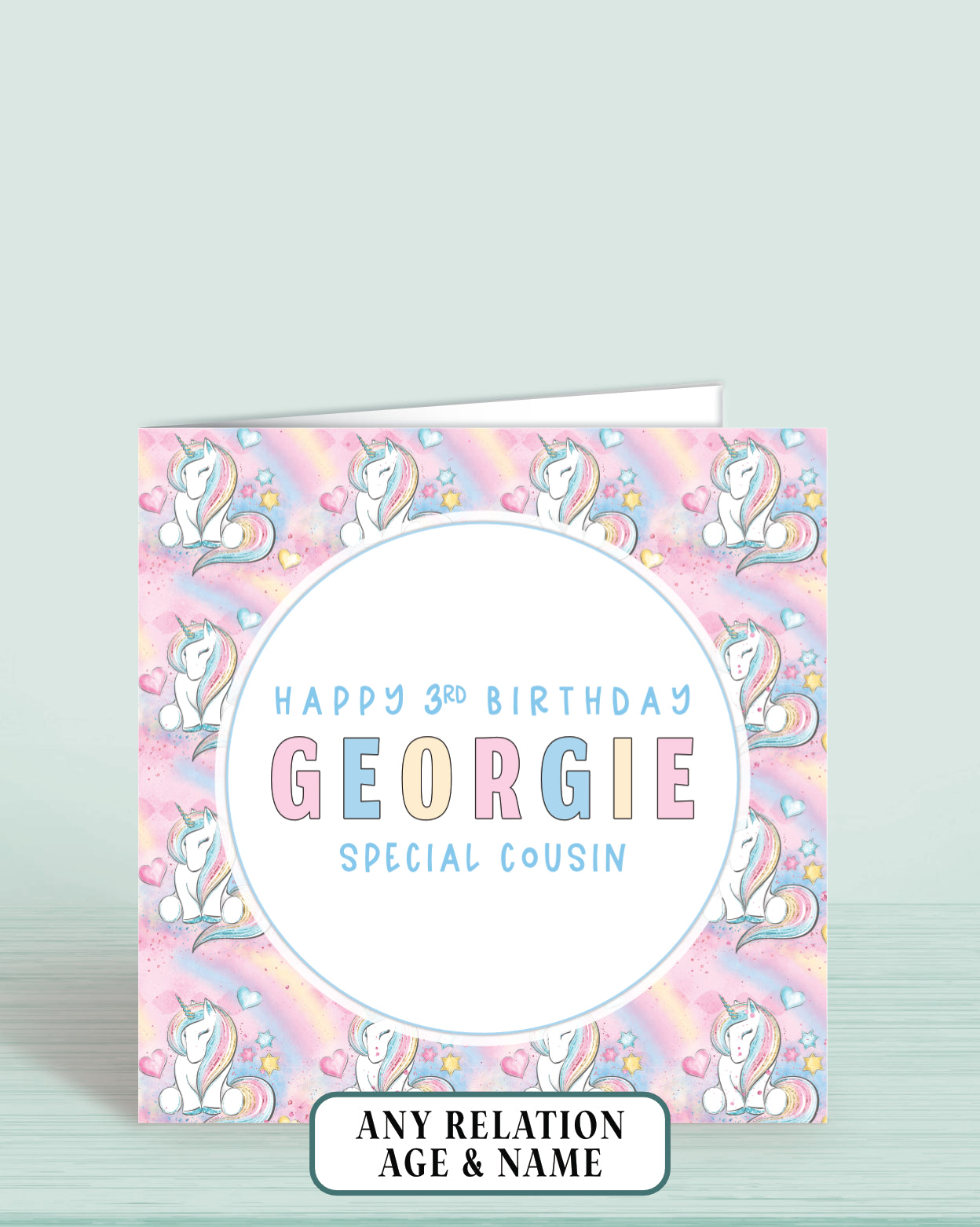 Cousin Birthday Card, 3rd Birthday Card for Cousin, Custom Girls Pink Unicorn Personalised Birthday Card for Girls, Any Age, Any Relation & Add a Name | Oliver Rose Designs