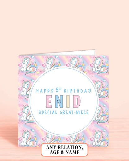 Great-Niece Birthday Card, 5th Birthday Card for Niece, Custom Girls Pink Unicorn Personalised Birthday Card for Girls, Any Age, Any Relation & Add a Name | Oliver Rose Designs