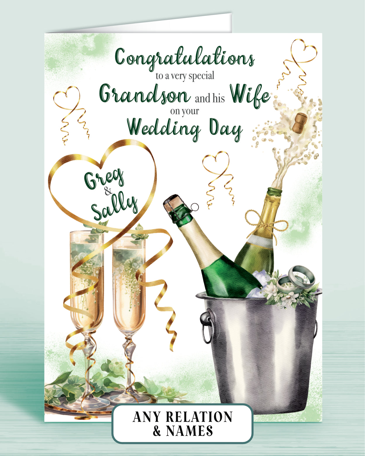 Grandson Personalised Wedding Day Card, Congratulations to a very special Grandson and his Wife on your Wedding Day, Green | Oliver Rose Designs