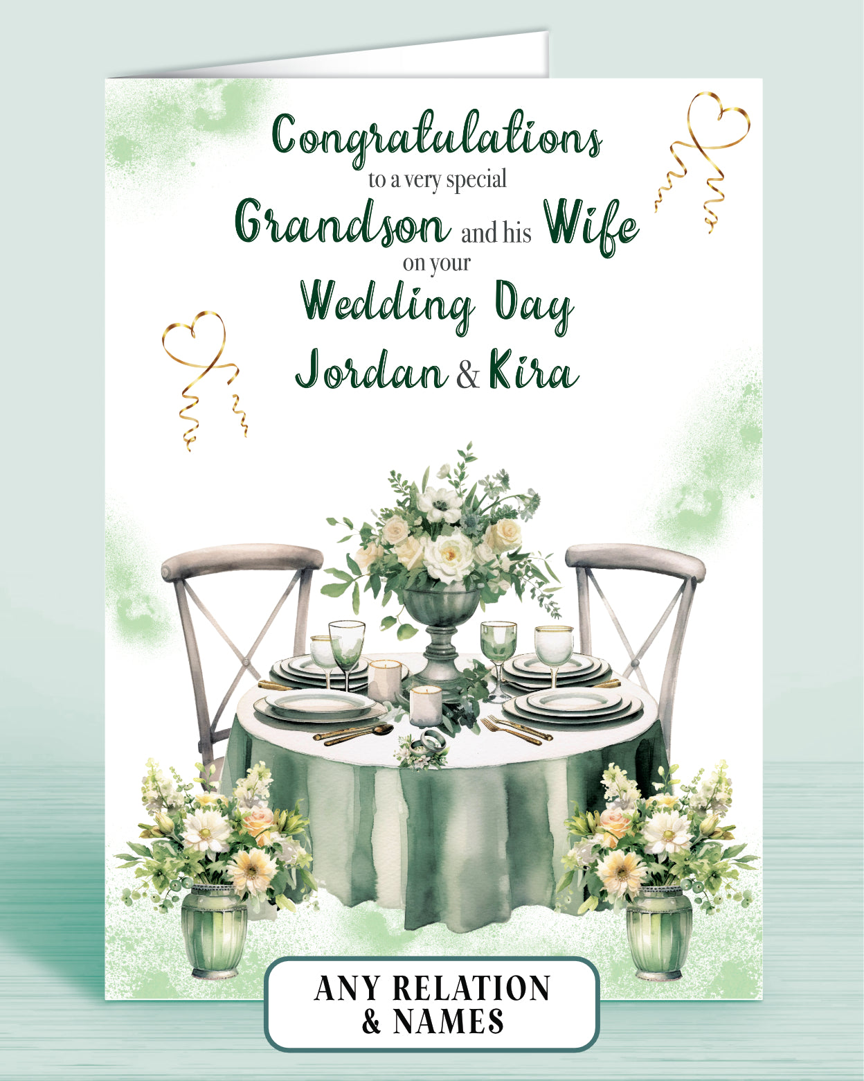 Grandson Personalised Wedding Day Card, Congratulations to a very special Grandson and his Wife on your Wedding Day, Green | Oliver Rose Designs