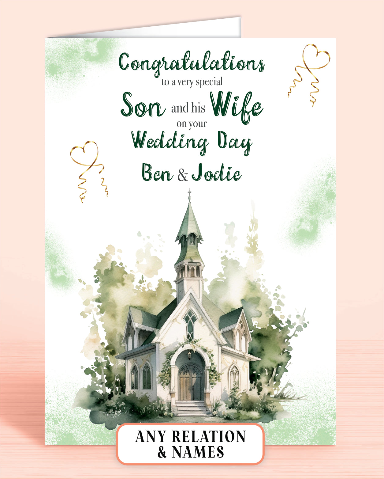 Son & his Wife Personalised Wedding Day Card, Congratulations to a very special Son on your Wedding Day, Green | Oliver Rose Designs