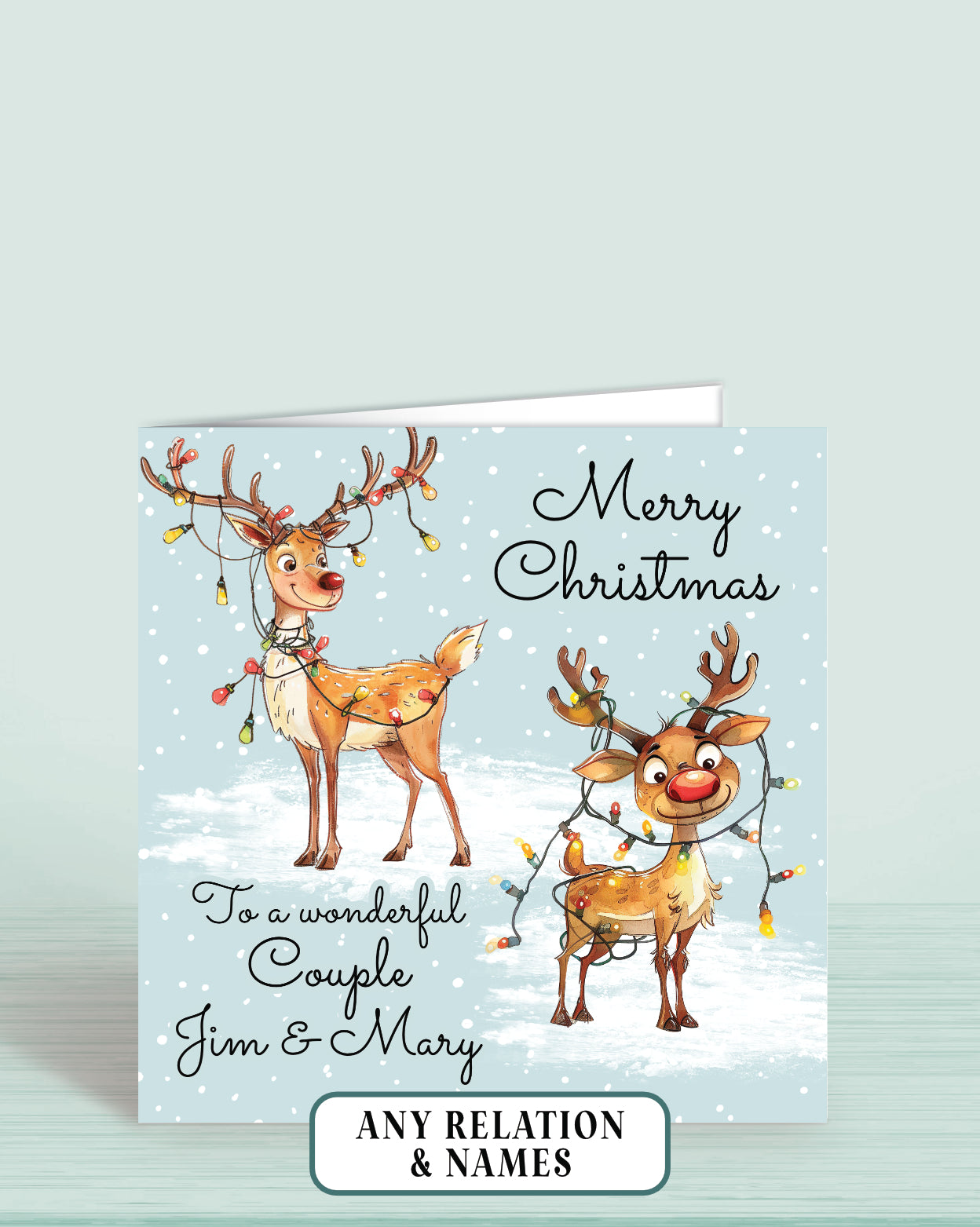 Quirky Reindeer Fun Christmas Card with 2 mischievous Reindeer, card front reads: Merry Christmas (top right) and your choice of words bottom left, picture show example as: To a wonderful Couple, Jim & Mary | Oliver Rose Designs