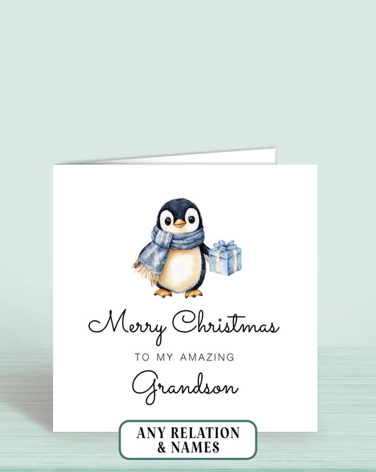 Grandson Christmas Card, or Nephew, Godson, Son, Choose your own Relation & personalise if required. Front Reads: Merry Christmas to my amazing Grandson. by Oliver Rose Designs