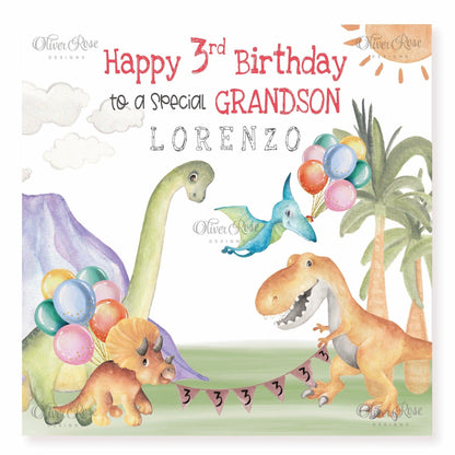 Happy Birthday Card | Dinosaur Theme | to a special Daughter, Son, Granddaughter, Grandson, Niece, Nephew, Goddaughter, Godson, Cousin, SIster, Brother ANY AGE 2nd, 3rd, 4th, 5th, 6th, 7th, 8th, 9th, 10th | Oliver Rose Designs