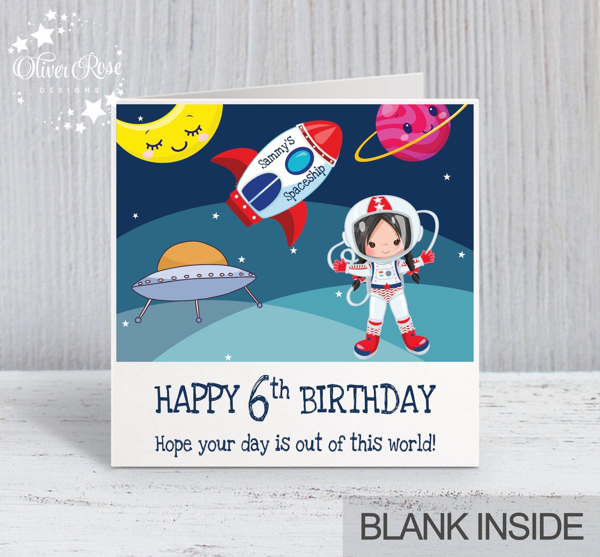 6th Birthday Card, for Girls, Black Hair, Space Astronaut Personalised Card, Any Age, Any Relationship GIRL F