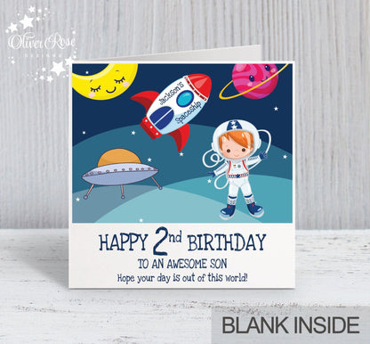 Son 2nd Birthday Card, for Boys, Red Hair, Space Astronaut Personalised Card, Any Age, Any Relationship BOY E