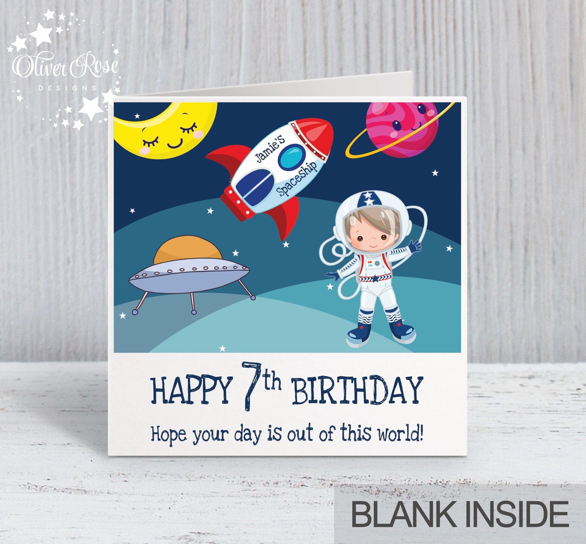 7th Birthday Card for Boys, Blonde/Brown Hair, Space Astronaut Personalised Card, Any Age, Any Relationship