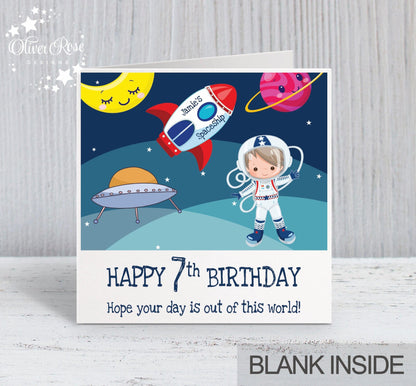 7th Birthday Card for Boys, Blonde/Brown Hair, Space Astronaut Personalised Card, Any Age, Any Relationship