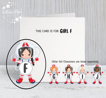 Space Astronaut Theme Birthday Card, for Girls, Black Hair, Personalised Card, Any Age, Any Relationship, GIRL F