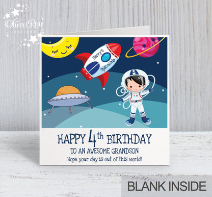 Grandson 4th Birthday Card, for Boys, Black Hair, Space Astronaut Personalised Card, Any Age, Any Relationship BOY C