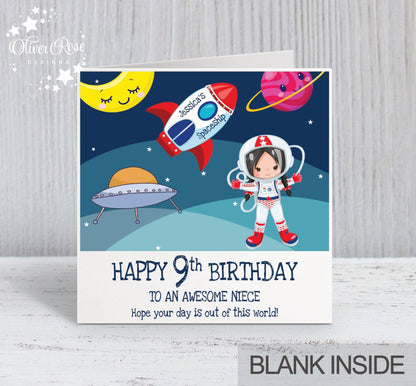 Niece 9th Birthday Card, for Girls, Black Hair, Space Astronaut Personalised Card, Any Age, Any Relationship GIRL F