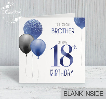 Brother Birthday Card, 18th, Any Age, Any Relation, Add a name. Black & Blue Balloons Birthday Card | Oliver Rose Designs