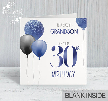 Grandson Birthday Card, 30th, Any Age, Any Relation, Add a name. Black & Blue Balloons Birthday Card | Oliver Rose Designs