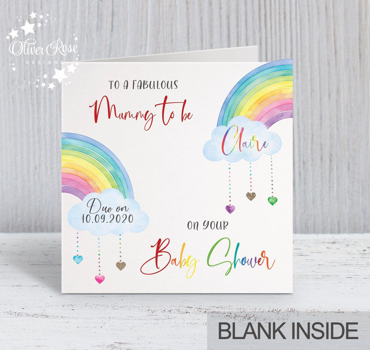 Baby Shower Card, Mummy to be, Personalised Baby Shower Card, with Due Date. Rainbow Design | Oliver Rose Designs